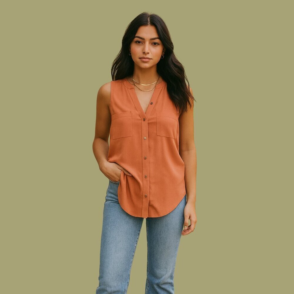Le Château Sleeveless Button-Front Blouse in Terracotta – Size M